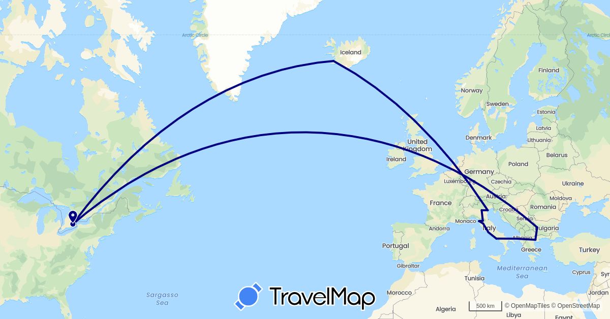 TravelMap itinerary: driving in Bulgaria, Canada, Greece, Iceland, Italy (Europe, North America)