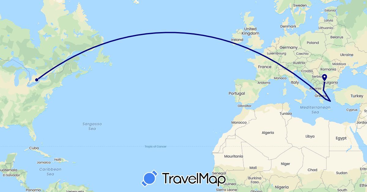 TravelMap itinerary: driving in Bulgaria, Canada, Greece (Europe, North America)